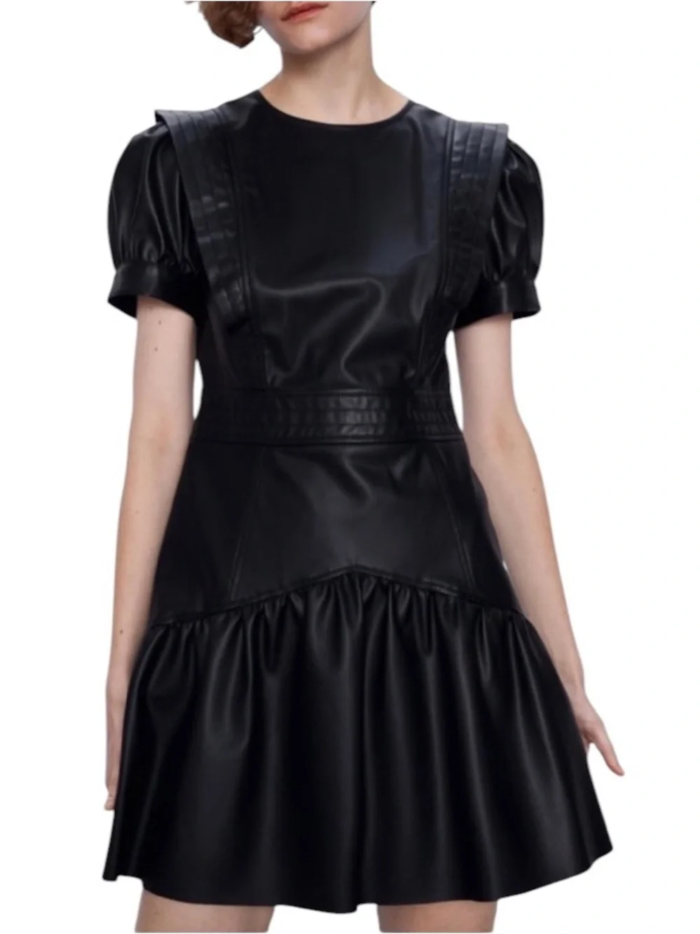 LN Zara Black Faux Leather Puff Sleeve Flared Mini Dress - XS